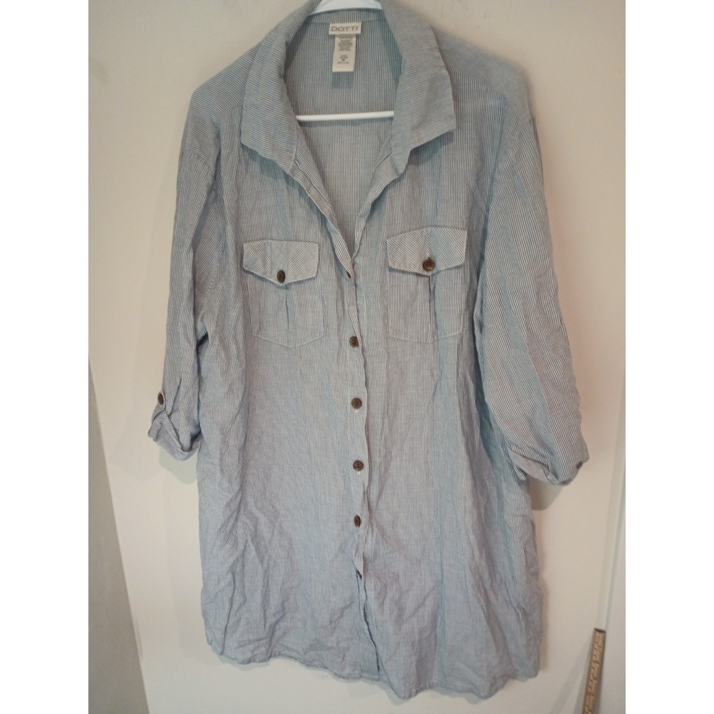 DOTTI Womens 2X Shirt Blue White Stripe Cotton Button Up Tunic Roll Tab Sleeve
